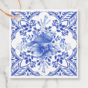 Etiquetas Para Lembrancinhas Azulejo Floral Azul e Branco com Pássaro