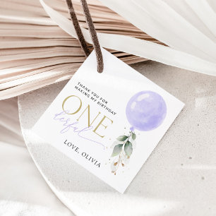 Etiquetas Para Lembrancinhas Balão Roxo, Verde, Folhagem, Primeiro Aniversário