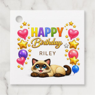 Etiquetas Para Lembrancinhas Balões de Gato Siames e Estrelas Feliz Aniversário