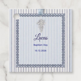 Etiquetas Para Lembrancinhas Batismo da Cruz de Prata com Renda Listrada Azul