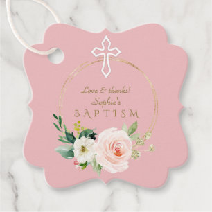 Etiquetas Para Lembrancinhas Batismo Floral da Cruz Branca de Luxo Rosa