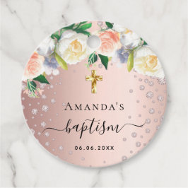 Etiquetas Para Lembrancinhas Batismo rosa de ouro floral, branca, rosa