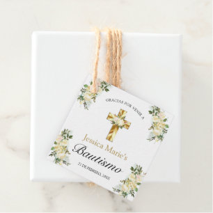 Etiquetas Para Lembrancinhas Bautismo Cruz Floral Clásica Dorada Gracias