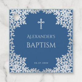 Etiquetas Para Lembrancinhas Blue Baptism Boy Faux Silver deixa a cruz legante