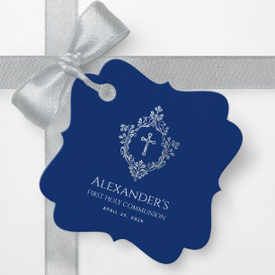 Etiquetas Para Lembrancinhas Boy First Communy Royal Blue Vintage Crest Cross