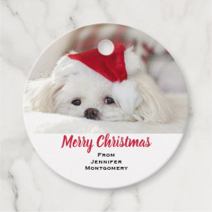 Etiquetas Para Lembrancinhas Cachorro Branco giro em chapéu vermelho de Natal