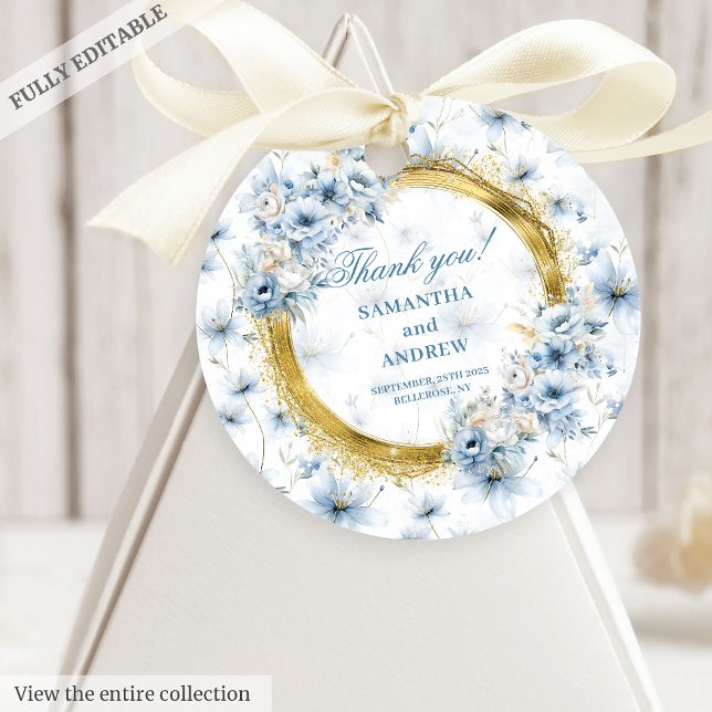 Etiquetas Para Lembrancinhas Casamento Dourado Azul e Azul sofisticado (Sophisticated Watercolor Light Blue Gold Wedding Favor Tags)
