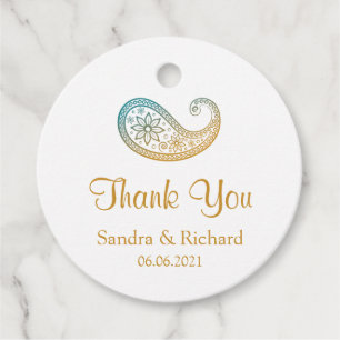 Etiquetas Para Lembrancinhas Casamento Dourado e Teal Paisley Indian Obrigado
