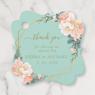 Etiquetas Para Lembrancinhas Casamento Floral de Pêssego Dourado Verde com Pinç