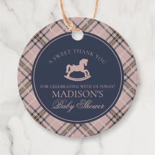 Etiquetas Para Lembrancinhas Cavalo de Balanço Xadrez Tartan Rosa Festa de Bebê