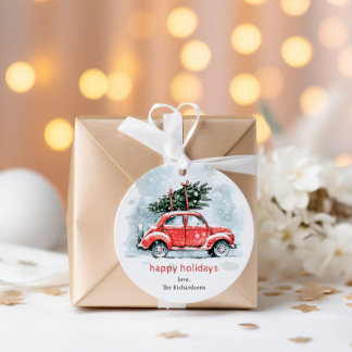 Etiquetas Para Lembrancinhas Classic Watercolor Red Car Christmas Tree Holiday