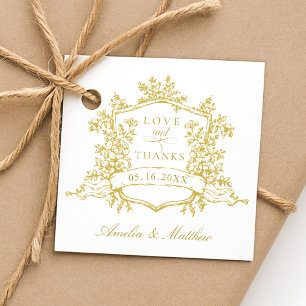 Etiquetas Para Lembrancinhas Clássico Floral Crest Dourado Amor e Obrigados