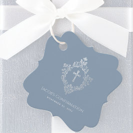 Etiquetas Para Lembrancinhas Confirmação Crest Dusty Blue Faux Silver Vintage