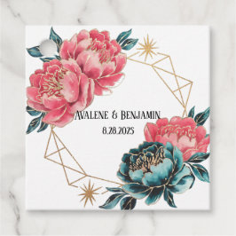 Etiquetas Para Lembrancinhas Coral e Teal Peonies Dourados Anéis de Casamento d