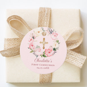Etiquetas Para Lembrancinhas Coroa floral de rosa suave Primeira Comunhão DIY