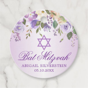 Etiquetas Para Lembrancinhas David Bat Mitzvah, Estrela Floral Roxa Obrigado