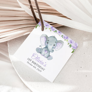 Etiquetas Para Lembrancinhas Elefante Cute, Flores Roxas, Primeiro Aniversário