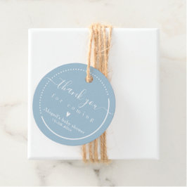 Etiquetas Para Lembrancinhas Elegante Caligrafia Chá de fraldas Azul 'Obrigado'