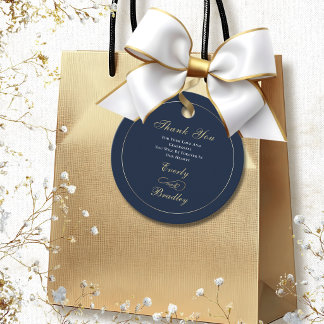 Etiquetas Para Lembrancinhas Elegante Script Dourado Branco com Fundo Azul-Mari