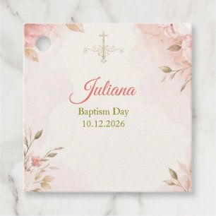 Etiquetas Para Lembrancinhas Favor Quadrado Batismo Cruz Dourada Floral Rosa