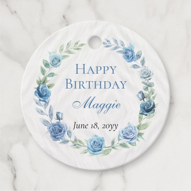 Etiquetas Para Lembrancinhas Feliz Aniversário do Floral Azul Elegante (Frente)