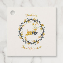 Etiquetas Para Lembrancinhas First Christmas Deer with Wreath Yellow Cream