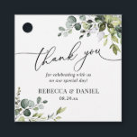 Etiquetas Para Lembrancinhas Folhas Verdes de Eucalipto Obrigado Casamento Rúst<br><div class="desc">Projetado para combinar com a nossa coleção Boho Greenery,  esta etiqueta personalizável apresenta ramos de eucalipto em aquarela com texto gráfico em caligrafia,  combinado com uma serifa clássica em preto. Itens correspondentes disponíveis.</div>