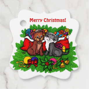 Etiquetas Para Lembrancinhas Gatinho e puppy, XMas feliz