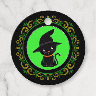 Etiquetas Para Lembrancinhas Gato Preto Verde Amarelo Com Um Chapéu De Bruxa