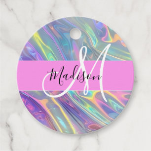Etiquetas Para Lembrancinhas Girly Rainbow Holographic Nome do Monograma Irides