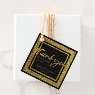 Etiquetas Para Lembrancinhas Glittery Faux Dourado e Black Obrigado Casamento