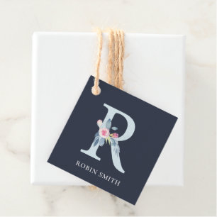 ETIQUETAS PARA LEMBRANCINHAS MARINHO BLUSH BLUE FLORAL ALPHABETS NAME LETTER R