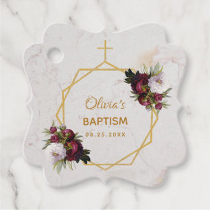 Etiquetas Para Lembrancinhas Menina Batismo Peões Borgonha Dourado Marble Flor