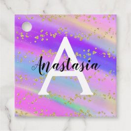 Etiquetas Para Lembrancinhas Monograma Dourado Colorido do Arco-Íris do Unicórn