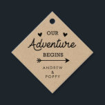 Etiquetas Para Lembrancinhas Nossa aventura começa corações e setas<br><div class="desc">Uma etiqueta de favor de casamento com seus nomes no fundo. O design diz "Nossa aventura começa" com corações amorosos e uma flecha. Um belo desenho romântico para o seu dia de casamento.</div>