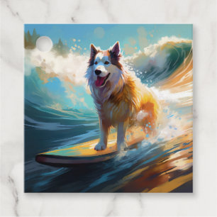 Etiquetas Para Lembrancinhas Pintura de Malamute do Alasca Surfando na Praia