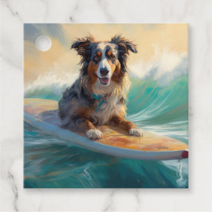 Etiquetas Para Lembrancinhas Pintura de Surf na Praia do Australian Shepherd