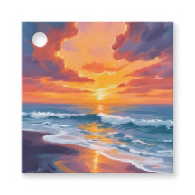 Pintura em Aquarela do Pôr do Sol na Praia Oceano