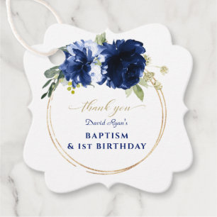Etiquetas Para Lembrancinhas primeiro aniversario Dourado Floral Azul Batismo