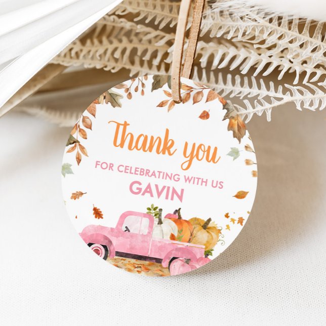 Etiquetas Para Lembrancinhas Rapariga Rosa Pumpkin Caminhão Cai Aniversário (Pink Pumpkin Truck Fall Birthday Round Favor Tags)