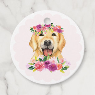 Etiquetas Para Lembrancinhas Retriever de Ouro Bonito e Flores Roxas Obrigado