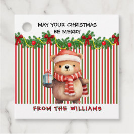 Etiquetas Para Lembrancinhas Retro Christmas Stripe Pattern & Teddy Bear Custom