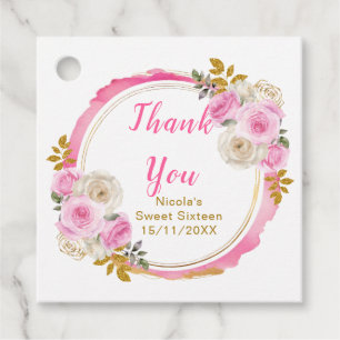 Etiquetas Para Lembrancinhas Rosa Brilhante e Dourado Elegante Flores Sweet Six