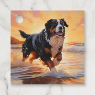 Etiquetas Para Lembrancinhas Sandy Paws Bernese Mountain Dog em Beach Sunset