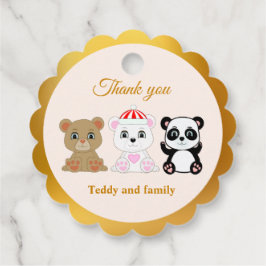 Etiquetas Para Lembrancinhas Três ursos fofos agradecem em dourado e bege areia