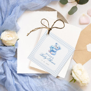 Etiquetas Para Lembrancinhas Urso de Gingham Azul Churrasco de Bebê Neutro