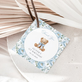 Etiquetas Para Lembrancinhas Urso de Pelúcia, Laço Azul, Flores Azuis, Primeiro