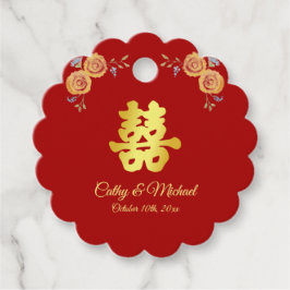 Etiquetas Para Lembrancinhas Vermelho laranja floral casamento chinês dupla fel