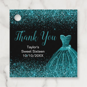 Etiquetas Para Lembrancinhas Vestido Azul Teal Faux Glitter Sweet 16 Aniversári