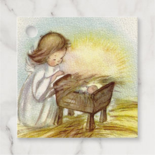 Etiquetas Para Lembrancinhas Vintage Angel Girl Assistindo Baby Jesus Dormindo